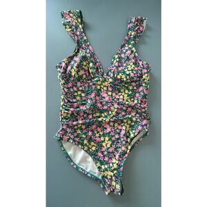 Kona Sol swim suit womens siz L flower print one piece ruffles